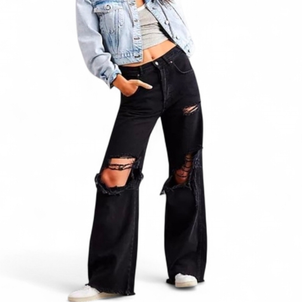 Free People Ollie Extreme Wide Leg Jeans Black Distressed Baggy Y2K 31 NWOT